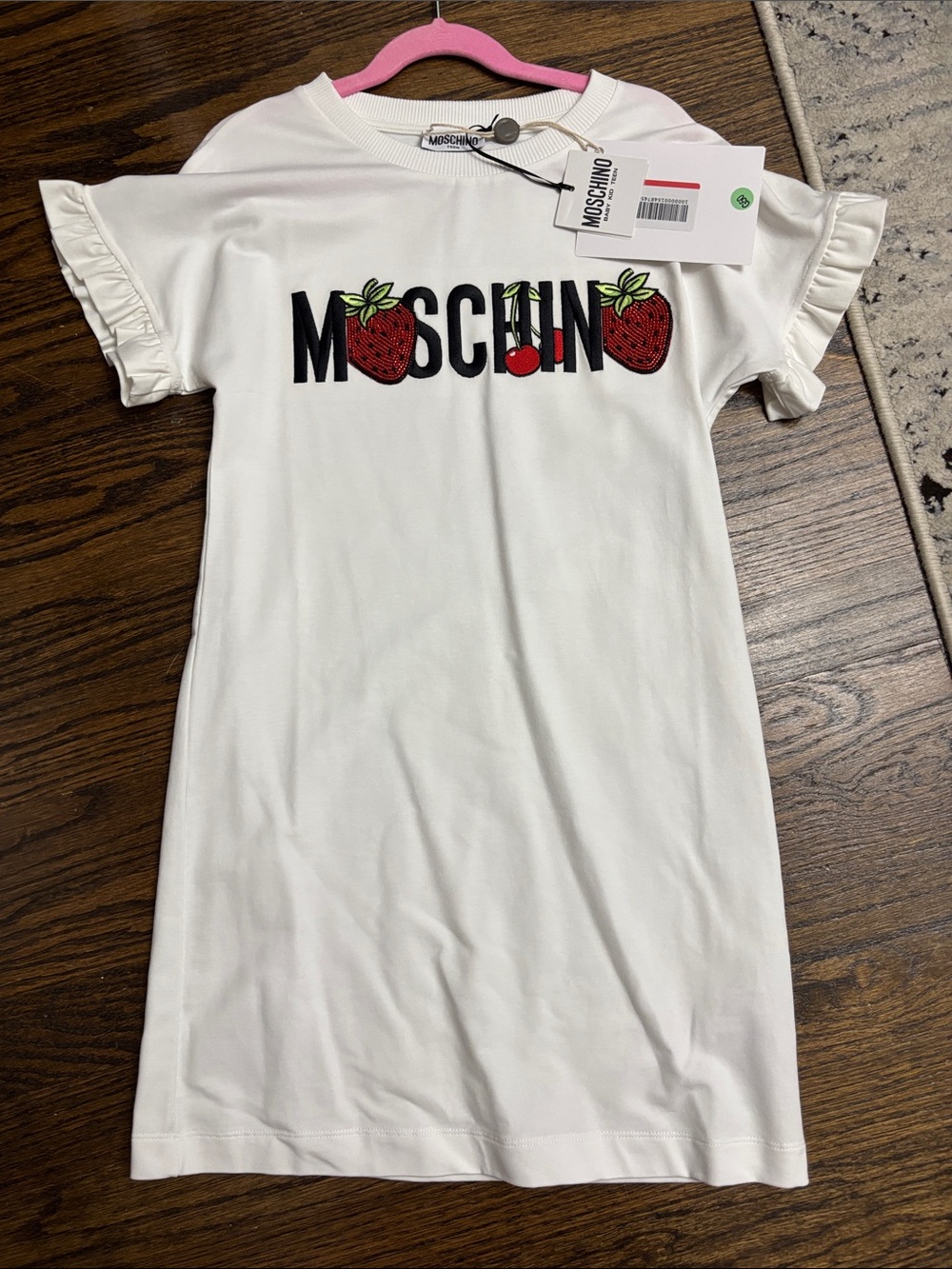 Moschino Kids White Tee Dress with Red Strawberry & Cherry Embroidery